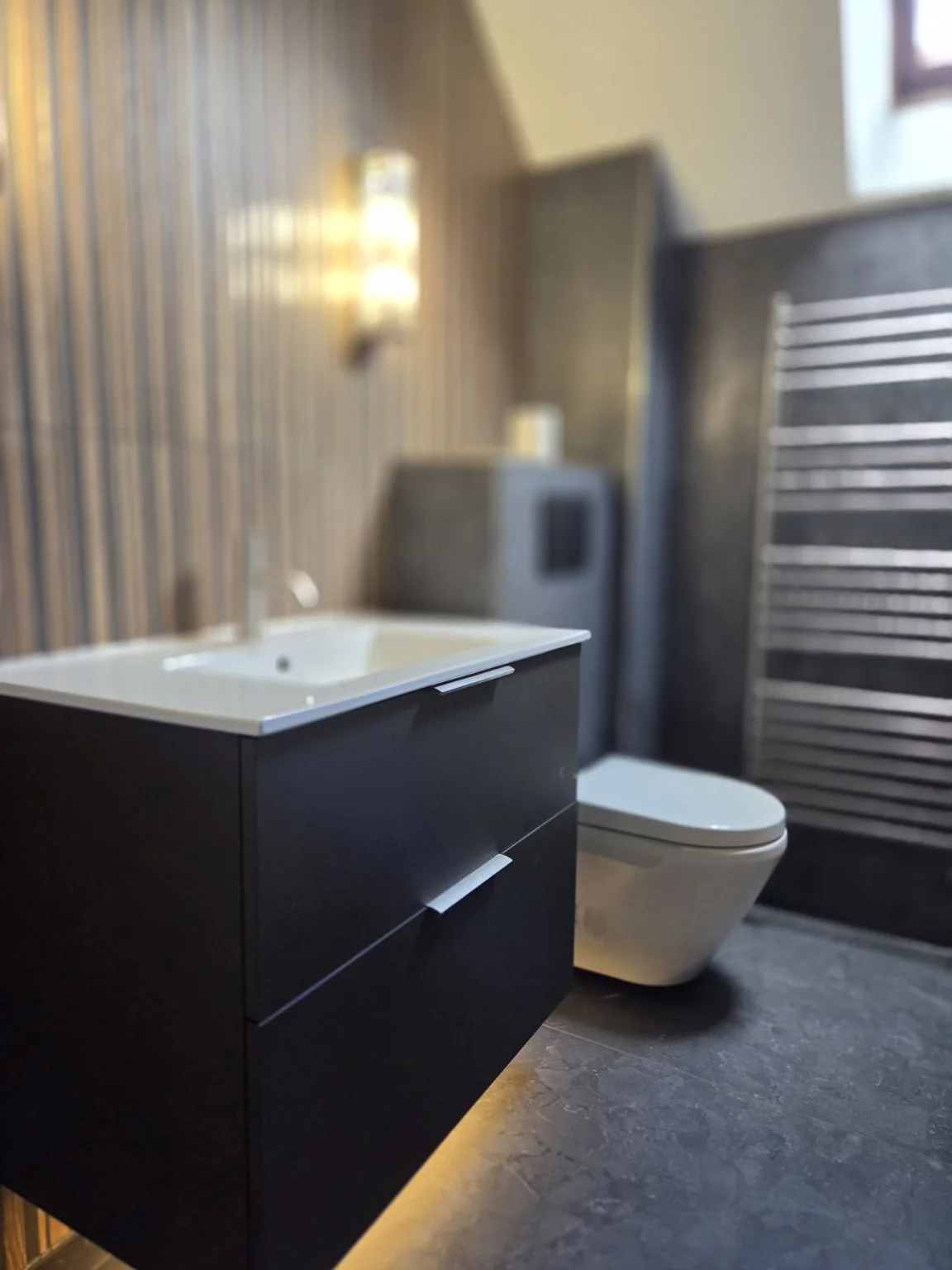 Floating vanity with warm under-lighting