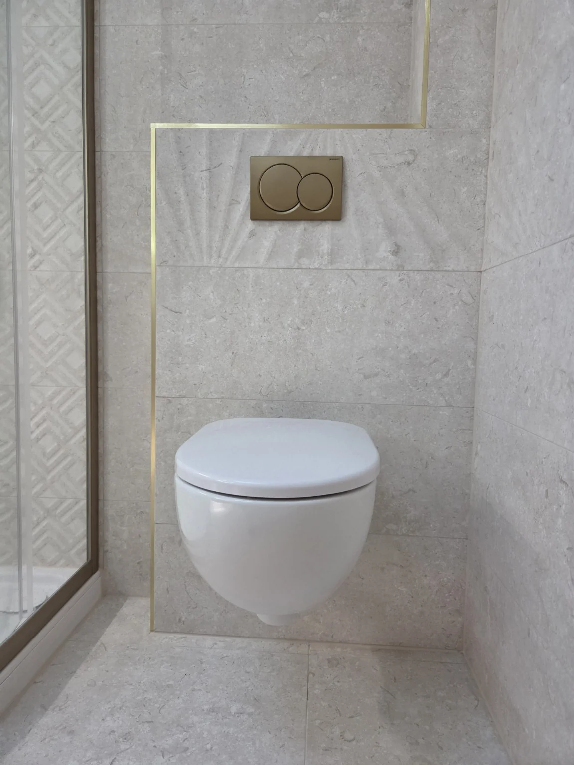 Bright full-room view with curved shower enclosure